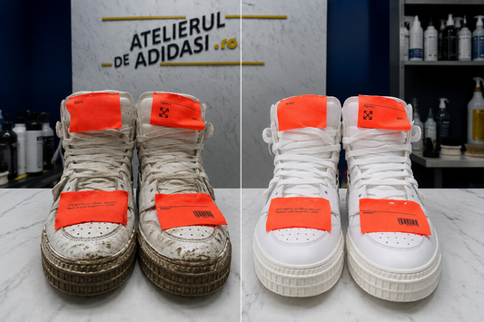 Sneakers premium înainte și după restaurare profesională într-un atelier specializat de recondiționare încălțăminte.
